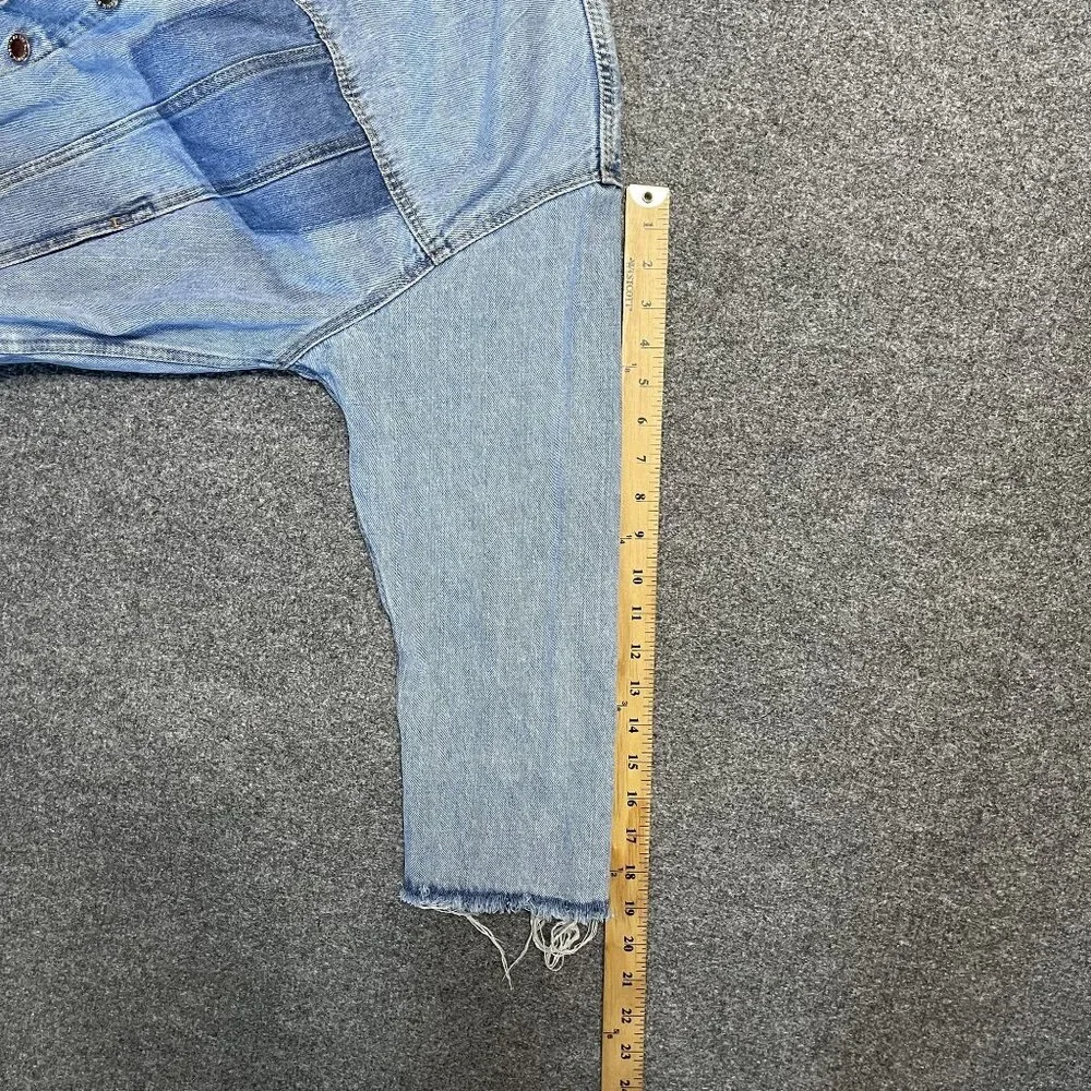 Zara TRF Authentic Denim Oversized Collarless Distressed Jean Jacket Multi - Picture 7 of 7